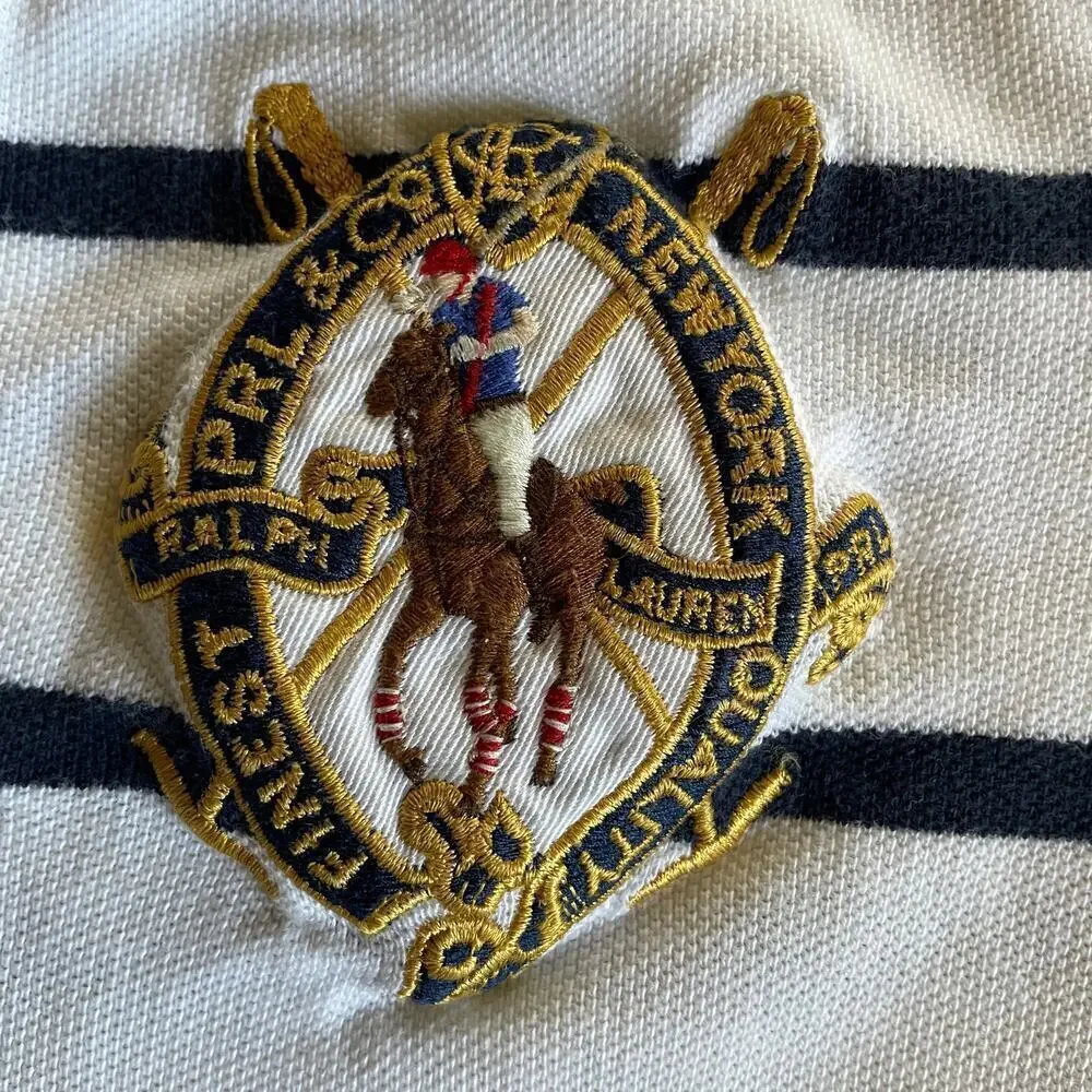 Vintage Ralph Lauren Gold Crest Striped Polo Shirt Boys Youth Small 90s Y2K Blue